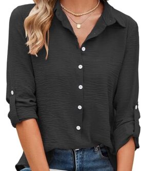 womens button down shirts v neck rolled up long sleeve tops elegant dressy blouses business casual outfits