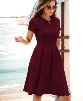 women's elegant burgundy knee length dress fitted bodice