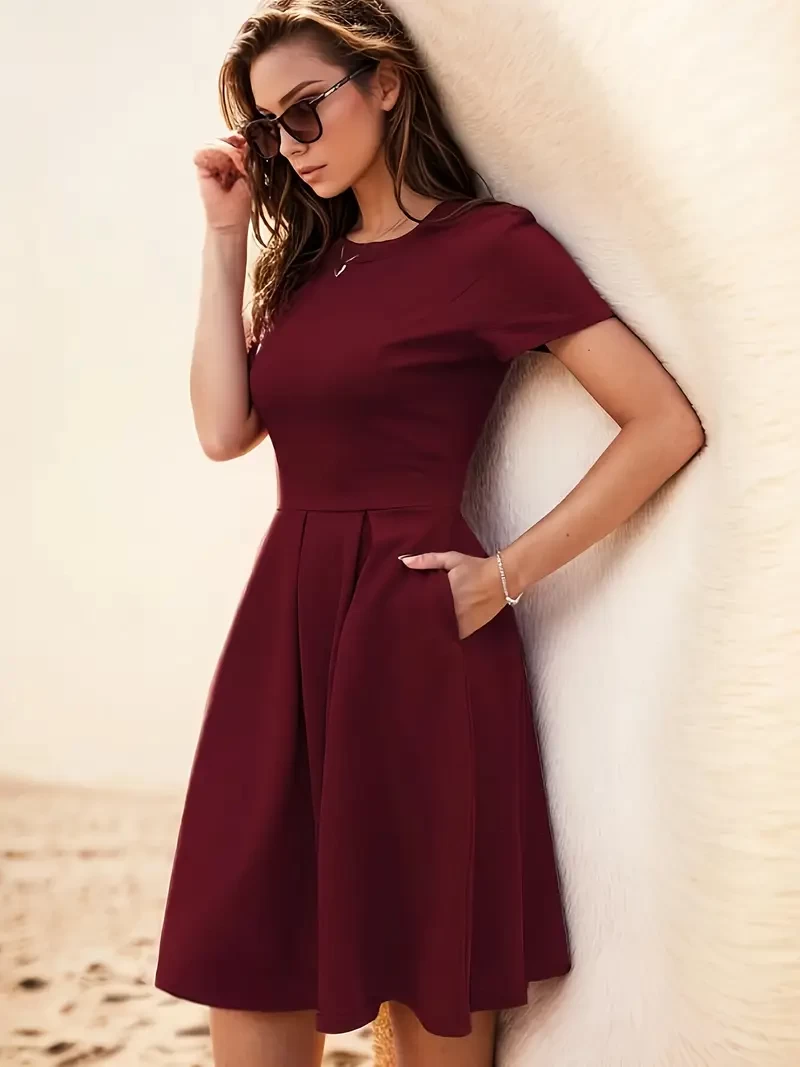 women's elegant burgundy knee length dress fitted bodice