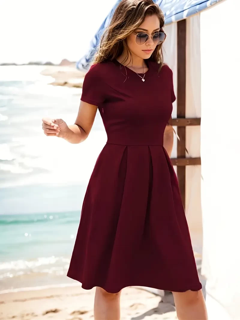 women's elegant burgundy knee length dress fitted bodice