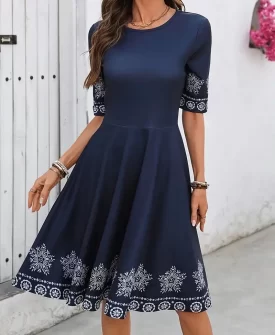 navy blue floral print midi dress for women