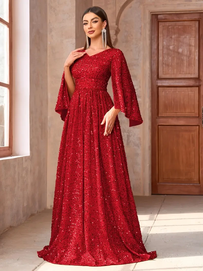 sequin v neck scoop dress, elegant and stylish long dress for women
