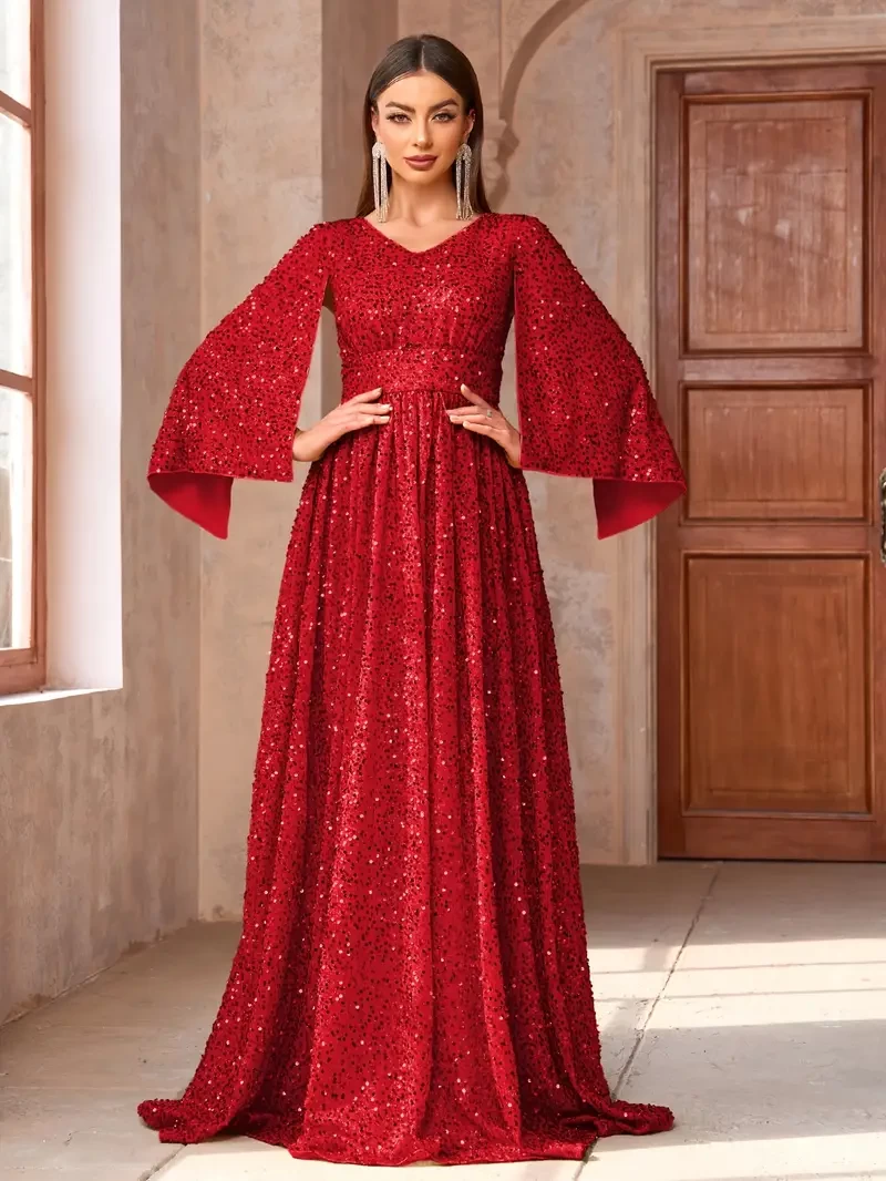 sequin v neck scoop dress, elegant and stylish long dress for women