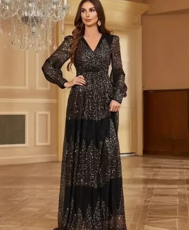 long sleeve v neck sequin black golden dress, family party birthday gown, elegant and stylish evening dress for women