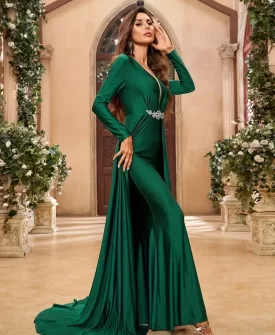 long sleeved v neck mermaid dress with flowing panels, perfect