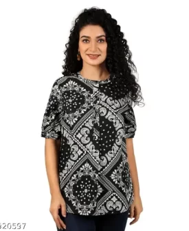 cotton engineered print top, relaxed fit shirts