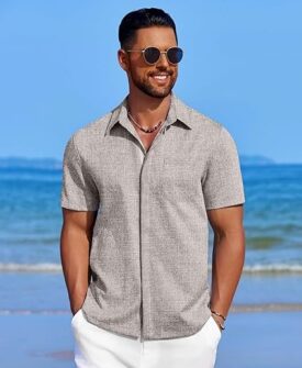 men's casual linen beach shirt short sleeve button down
