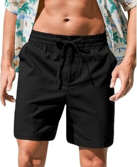 mens cotton linen shorts casual drawstring 7inch inseam shorts
