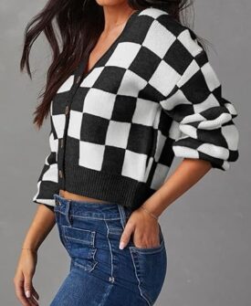 womens checkered v neck button down long sleeve cable knit cropped cardigan sweaters tops
