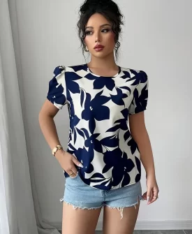 women's navy blue floral print short sleeve shirt lightweight summer casual button up blouse with round neck, breathable