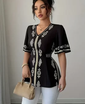 vintage inspired geometric pattern v neck blouse casual short