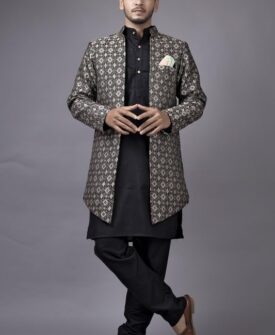 Amzira Men's Stylish Ethnic Wear Black Kurta Pajama Set with Long Jacket,