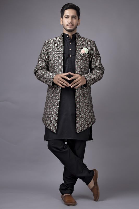 Amzira Men's Stylish Ethnic Wear Black Kurta Pajama Set with Long Jacket,