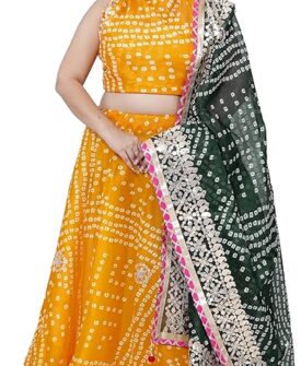 PAHNAVA Bandhani Print Stitched Kota Doria Gota Patti Work Traditional Ethnic Lehenga Choli with Dup