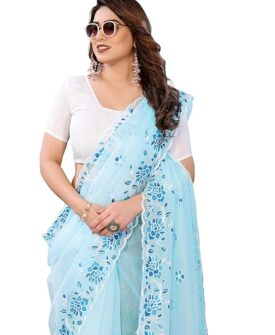 Women's Shining Net Embroidered Saree With Unstitched Blouse Piece (Pari_Free Size)
