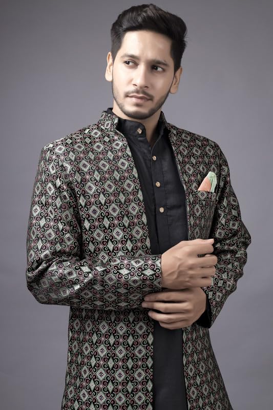 Amzira Men's Stylish Ethnic Wear Black Kurta Pajama Set with Long Jacket, - Image 2