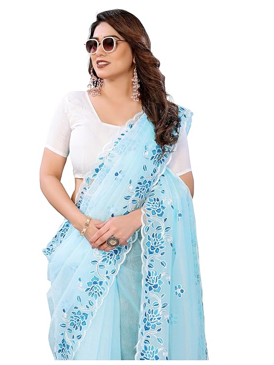 Women's Shining Net Embroidered Saree With Unstitched Blouse Piece (Pari_Free Size) - Image 2