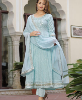 Ethnic Motifs Printed Mirror Work Anarkali Kurta with Trousers & Dupatta