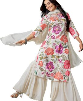 Royal Export Women's Viscose Floral/Mirror Work Embroidered Straight Kurta Sharara with Dupatta