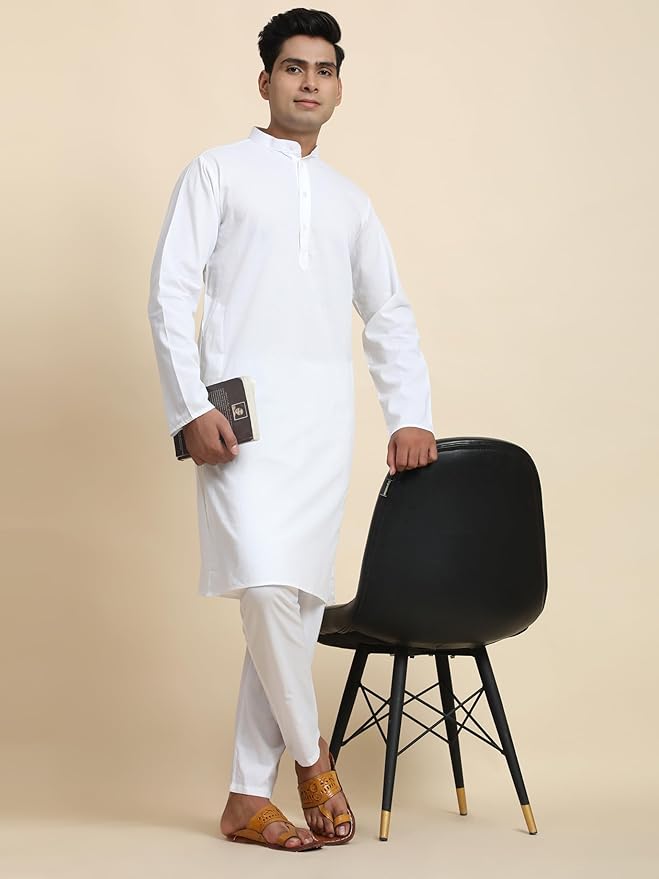 Anarva Men's Pure Cotton Solid Kurta Pajama Set Mandarin Collar Casual Yoga Dress - Image 2