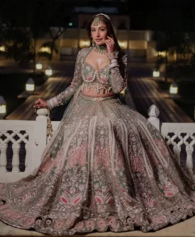 Lehenga Set with Embroidered Crop Top, Pink and Mint Green Heavy Work Wedding Dress with Dupatta