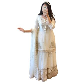 Elegant White Embroidered Sharara Set with Lace Details, Traditional Indian Ethnic Wear fashionable