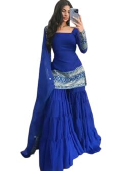 Royal Blue Embellished Sahara with Square Neck Top, sharara and Dupatta, Traditional Indian Wear
