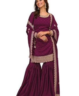 TRENDMALLS Women's Art Silk Embroidery Sequence Work Pleated Kurta Sharara with Dupatta Salwar S