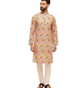 SOJANYA (Since 1958 Men's Cotton Gold Embroidered Sequinned Kurta With white churidar Pyjama
