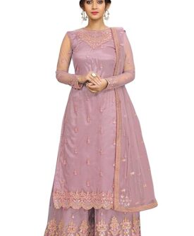 TRENDMALLS Women's Net Embroidery Salwar Suit Kurta Sharara Set with Dupatta Skyblue