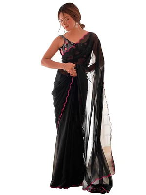 Women's Georgette Solid Saree With Unstitched - Image 2