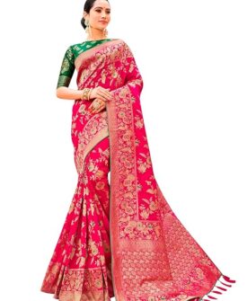 Monjolika Fashion Women's Banarasi Silk Blend Woven Zari With Tussles Saree and Jacquard Woven B