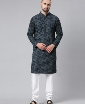 Majestic Man Men's Cotton Regular Fit Casual Mandarin Collar Ethnic Motifs Printed Long Regular