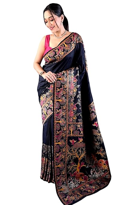 Women's Kanjivaram Pure Soft Silk Saree With Blouse Piece (Black) - Image 2