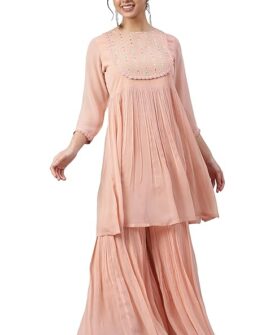Janasya Women's Peach Georgette Thread Work Kurta with Sharara