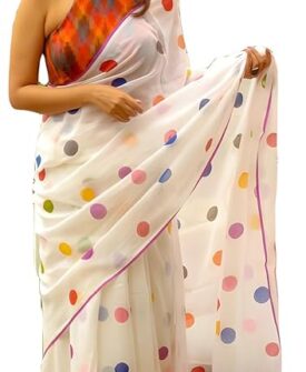 Women's Polka Dot Printed Linen Cotton Saree With Unstitched Blouse Piece