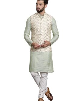 SOJANYA (Since 1958 Timeless Elegance-Pista Green Kurta & Cream Nehru Jacket for The Festive Sea