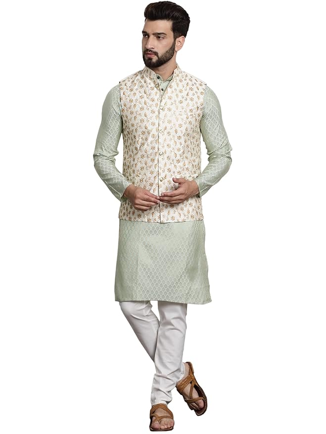 SOJANYA (Since 1958 Timeless Elegance-Pista Green Kurta & Cream Nehru Jacket for The Festive Sea