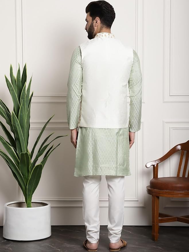 SOJANYA (Since 1958 Timeless Elegance-Pista Green Kurta & Cream Nehru Jacket for The Festive Sea - Image 2