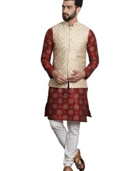 SOJANYA (Since 1958 Men's Cotton Linen Maroon Kurta and White Pyjama with Mustard Cotton Nehru J