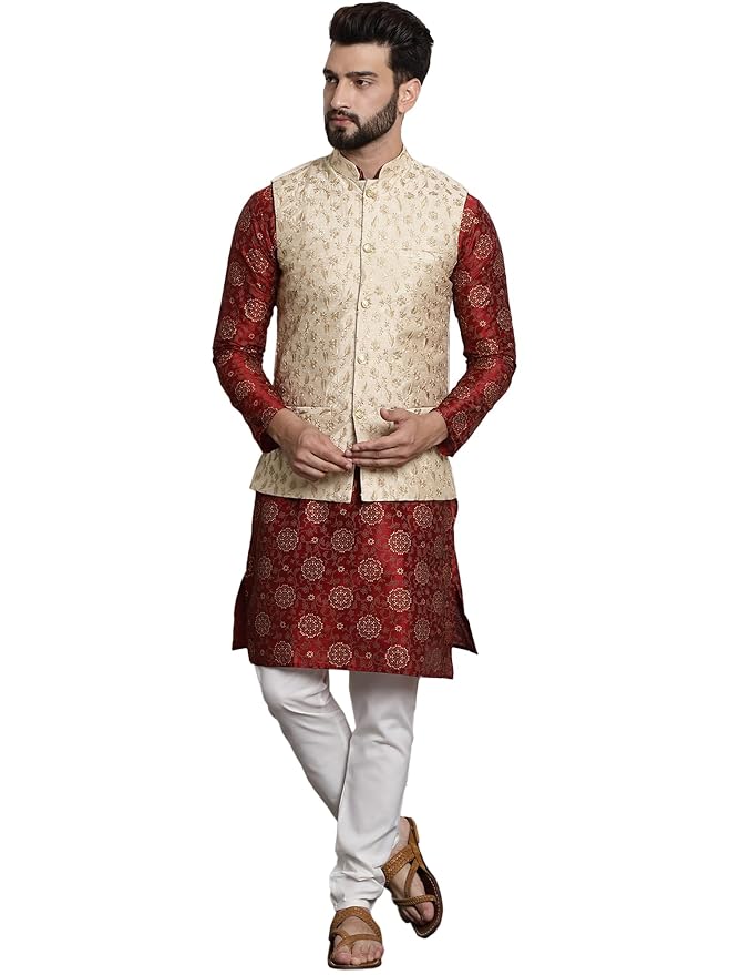 SOJANYA (Since 1958 Men's Cotton Linen Maroon Kurta and White Pyjama with Mustard Cotton Nehru J