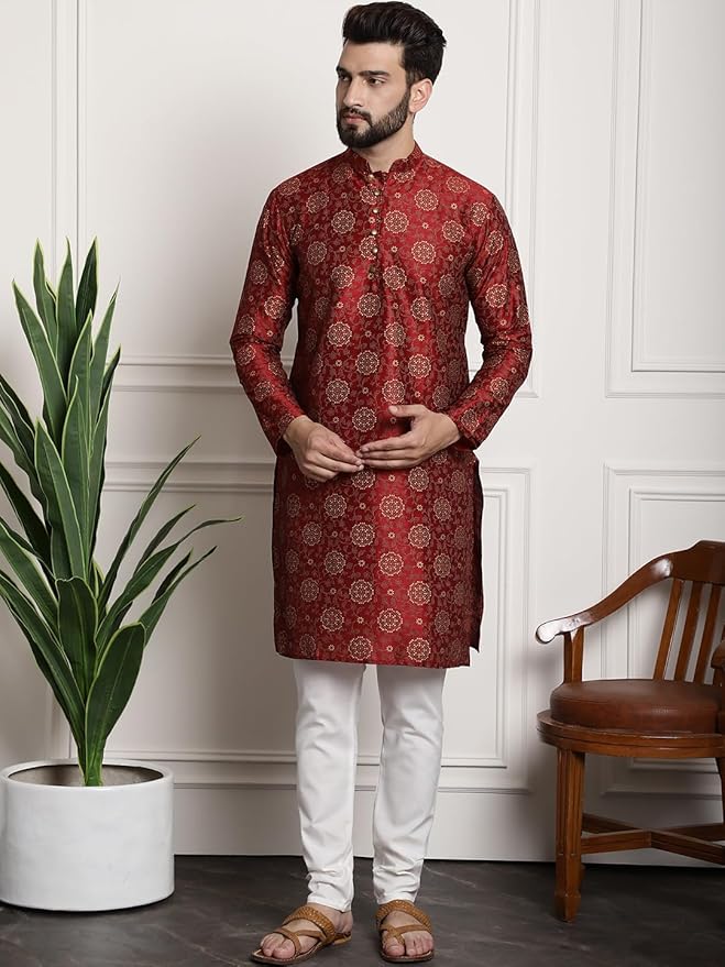 SOJANYA (Since 1958 Men's Cotton Linen Maroon Kurta and White Pyjama with Mustard Cotton Nehru J - Image 2