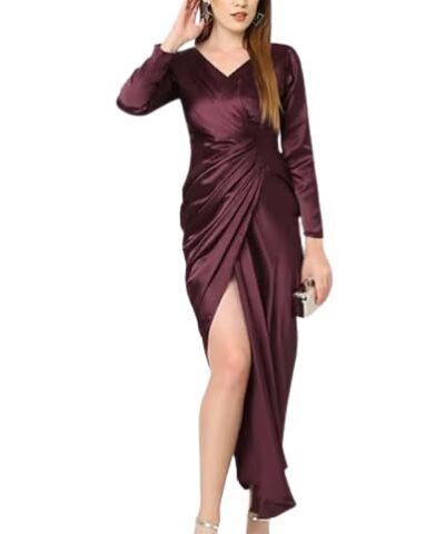 Women’s Wine Shiny Satin Drape Dress – Elegant Deep V-Neck, Bodycon Cocktail Party Dress Full Sl