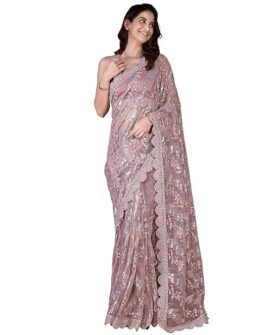Women's Net Sequin Embroidery Zarkan Work Saree with Unstitch Blouse Piece