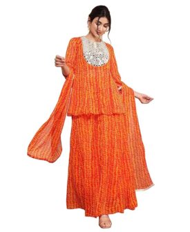 DEEBACO Leaf Print Chiffon Top With Sharara & Dupatta Co-ord Set For Women's|3/4 sleeve Roun
