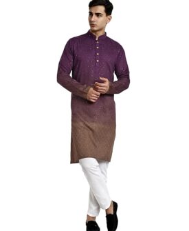 Vardha Men's Cotton Chikankari Embroidered Kurta with Full Sleeves and Knee Length Design and El