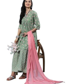 hree Women Green Floral Print Kurta Sharara Dupatta