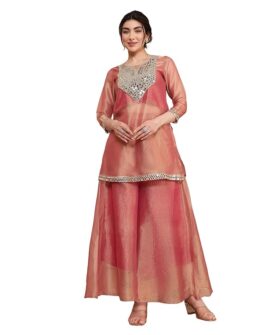 DEEBACO Solid Shimmer Chiffon Kurti & Sharara Co-ord Set For Women's|3/4 sleeve Round Neck R