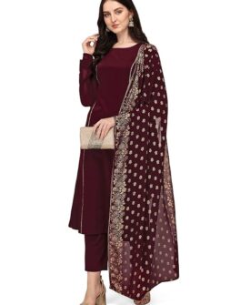 FIORRA Women's Maroon Poly Crepe A-Line Kurta Set With Dupatta
