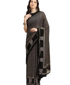 Black Printed Pure Georgette Saree With Unstitched Blouse